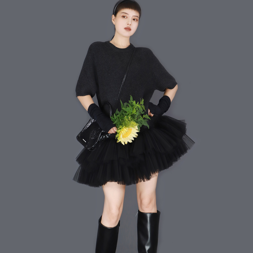 TEATREE24秋原创网纱拼接羊毛连衣裙A字裙宽松显瘦毛衣针织鱼尾裙 - 图2