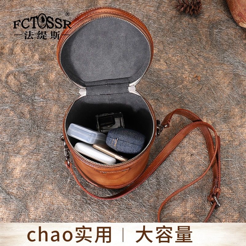 法缇斯真皮圆桶包文艺女斜挎小包 法缇斯女士包袋