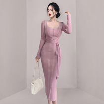 Lotus Root Pink Knit Suit Skirt with light ripeness long style Body Sling Plus Cardiovert two sets of one-piece sets of dress