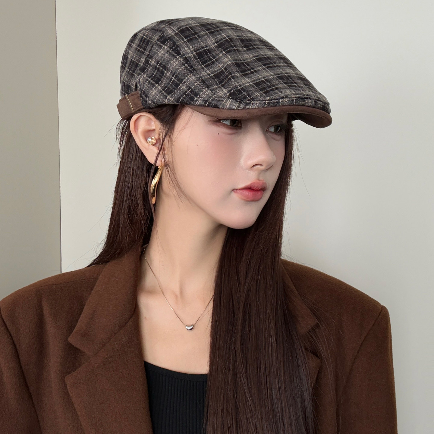 复古英伦格纹前进帽子女秋冬优雅反戴贝雷帽显脸小百搭八角帽男潮