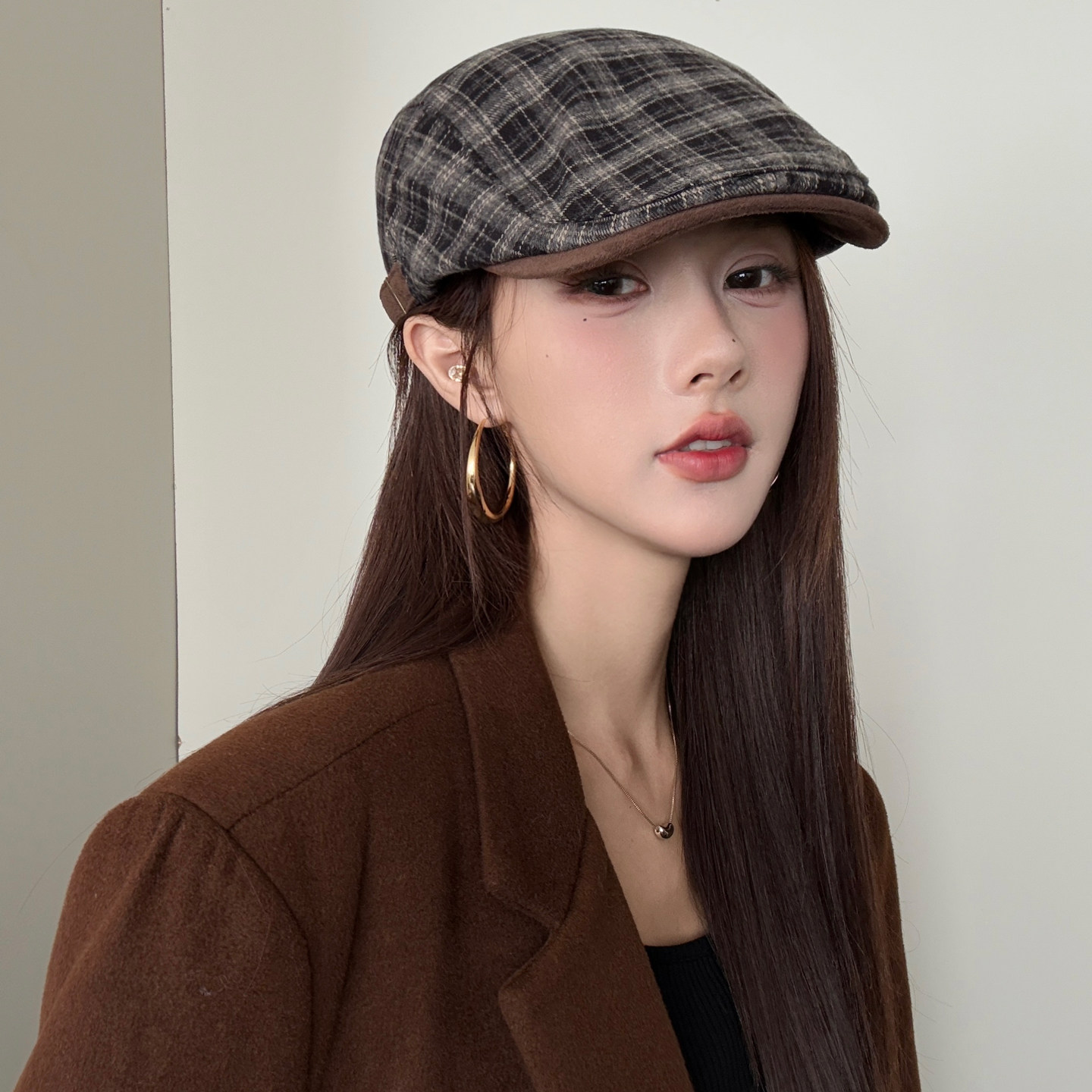 复古英伦格纹前进帽子女秋冬优雅反戴贝雷帽显脸小百搭八角帽男潮