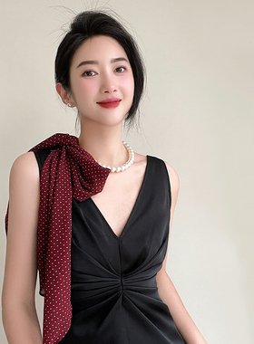 高级感波点玫瑰珍珠丝巾女春夏