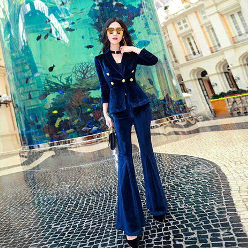 套装女2023新款西服女外套洋气金丝绒套装女两件套微喇叭裤高腰潮,淘宝优惠券,粉丝福利购,淘宝优惠卷