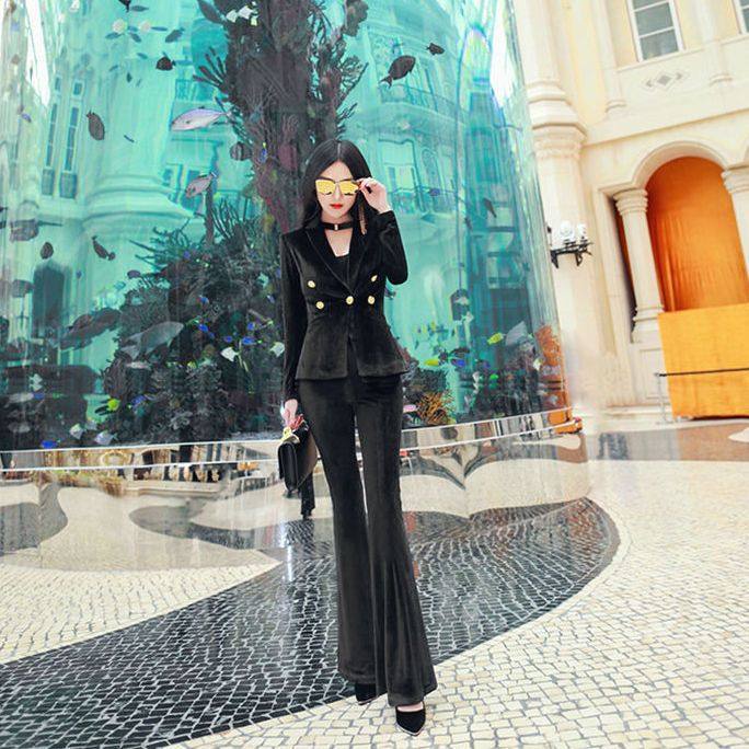 套装女2023新款西服女外套洋气金丝绒套装女两件套微喇叭裤高腰潮,淘宝优惠券,粉丝福利购,淘宝优惠卷
