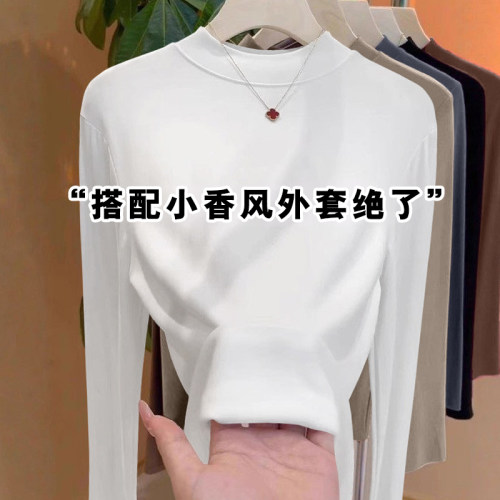 正肩小立领黑色内搭打底衫女春秋半高领高级感可外穿长袖中领上衣 - 图0