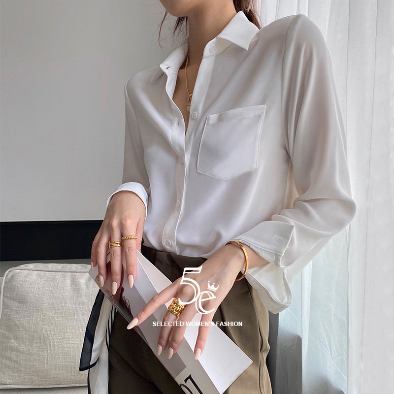 5e雪纺白衬衫女长袖白色小众雪纺衫 5e衬衫