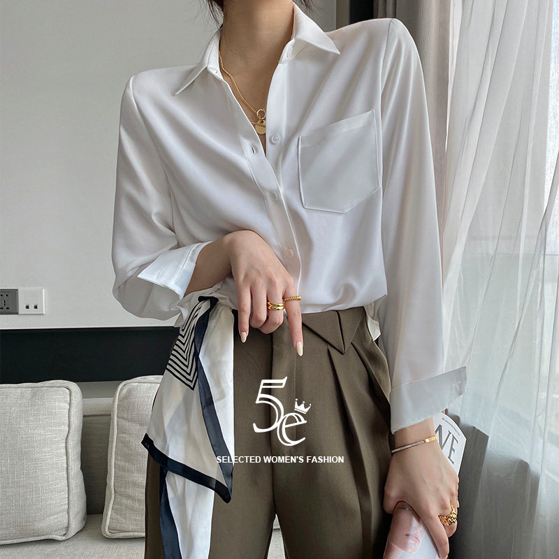 5e雪纺白衬衫女长袖白色小众雪纺衫 5e衬衫