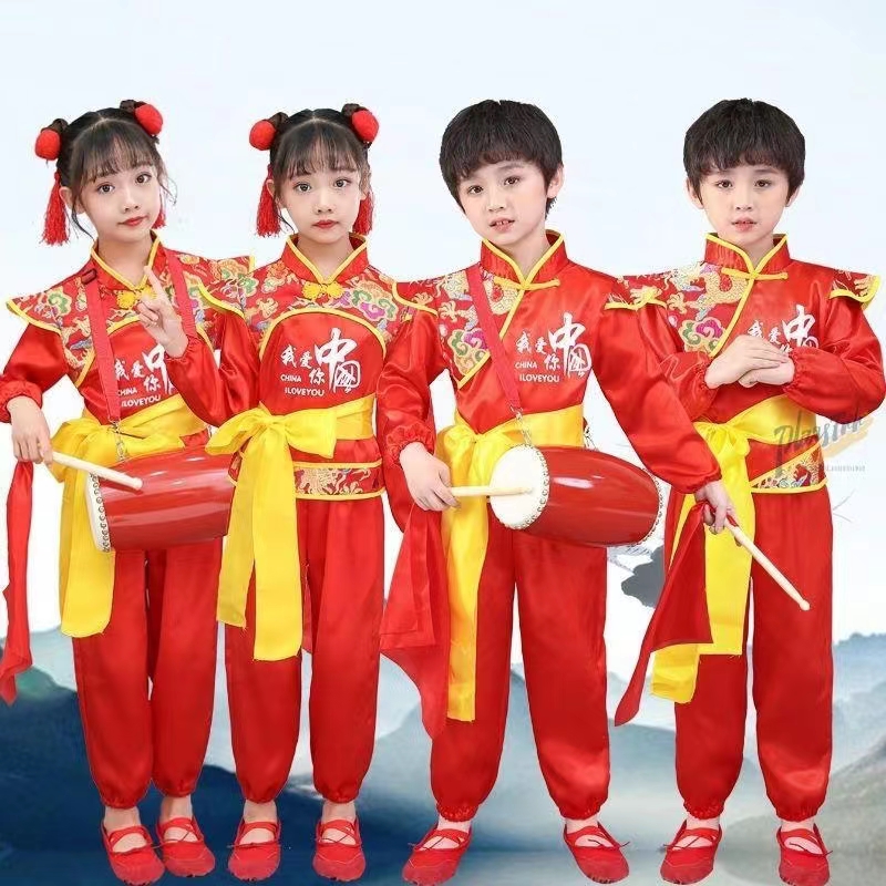 儿童打鼓服中国风喜庆开门红演出服幼儿秧歌舞蹈表演服腰鼓队服装