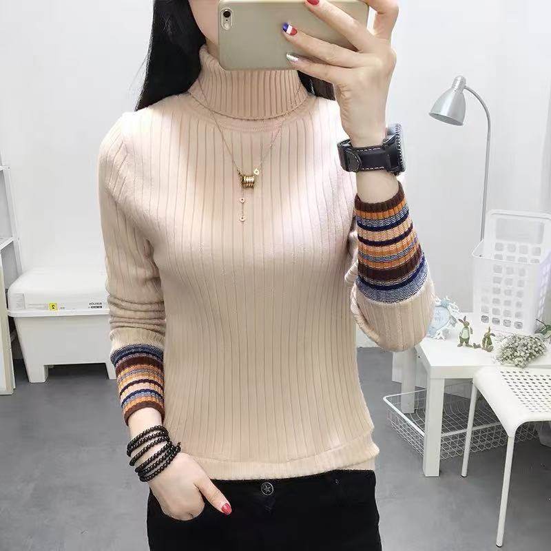 2025冬季清仓高领毛衣女加绒修身显瘦袖口夹色针织加厚打底衫女潮,淘宝优惠券,粉丝福利购,淘宝优惠卷
