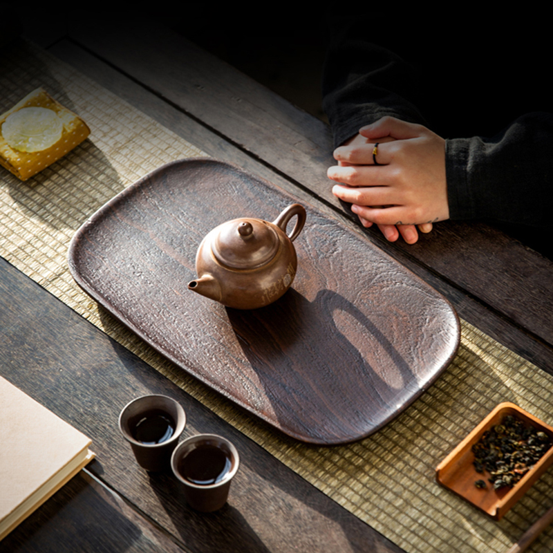 茶盘整块实木干泡台黑檀木喷沙新中式复古家用客厅功夫茶道茶托盘 - 图1