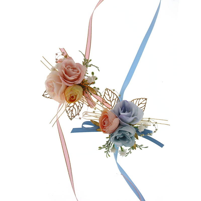 原创 唯美森系粉蓝玫瑰花朵叶子开业活动新郎结婚胸花伴娘手腕花 - 图3
