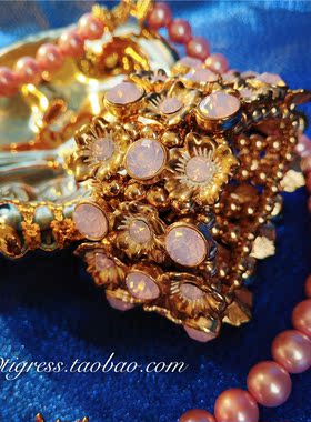 复古粉色水晶花朵弹力手镯