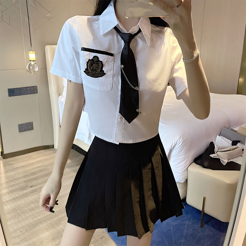 学院风洋气短袖衬衫jk制服套装女夏季新款高腰a字百褶短裙两件套