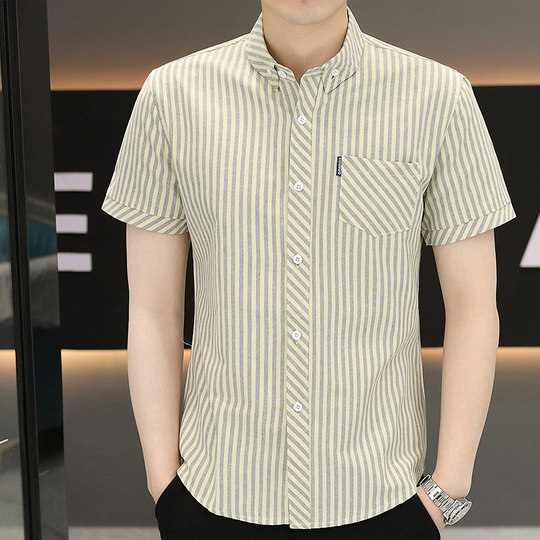 短袖条纹衬衫夏季男士商务休闲青年帅气寸衫韩版修身潮流半袖衬衣