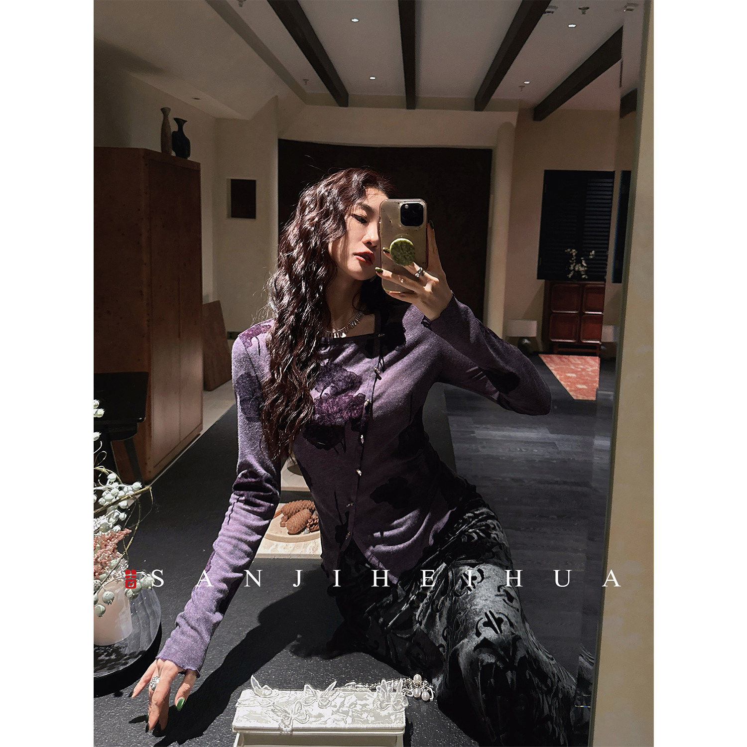 【夏天粉丝专享】三吉黑花【南山影】植绒打底衫女内搭上衣针织衫,淘宝优惠券,粉丝福利购,淘宝优惠卷