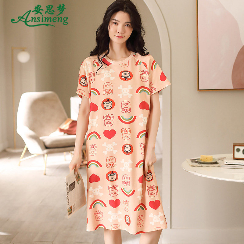韩版睡裙夏季纯棉短袖中长款连衣裙 安思梦睡裙
