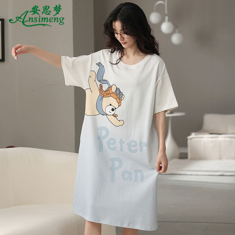 夏季睡裙新款短袖纯棉圆领卡通中裙 安思梦睡裙