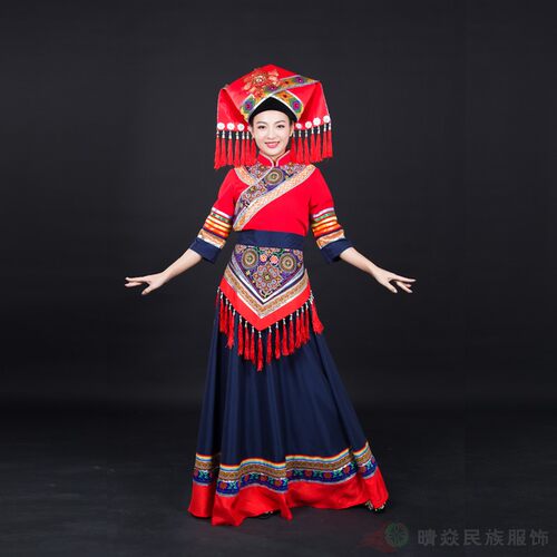晴焱新款 壮族民族服装红色铜鼓刺绣民族风长裙礼仪舞蹈服装女 - 图0
