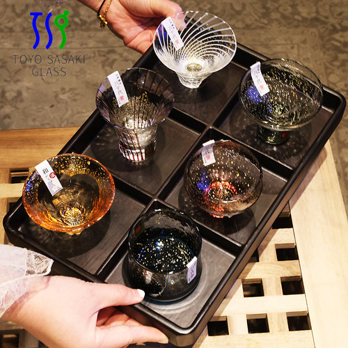 日本进口水晶玻璃手工八千代切子金箔清酒杯冰酒果酒杯9宫格套装 - 图0