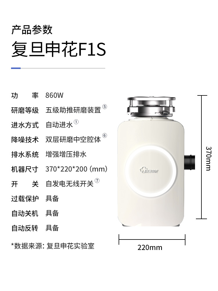 复旦申花垃圾处理器自动进水厨余粉碎机家用厨房食物垃圾处理F1S