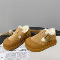 Korean version Childrens foreign air buckle Anti-kick Large cotton Brandt heel shoe 2023 Winter New pint boy Jane about one foot wearing cotton shoes