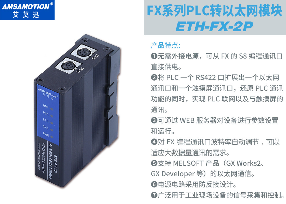 艾莫迅 plc三菱转以太网通讯模块用于FX3U/2N/Q扩展网口ETH-FX-2P-图1