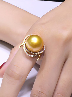 海水母贝珍珠戒指女款指环  满锆南阳金开口可调节高级感气质