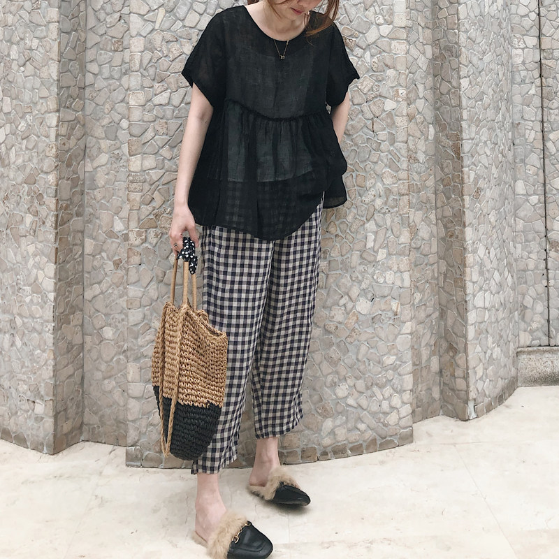 2025夏新女 日系韩版大码复古文艺棉麻亚麻中长款短袖衬衫娃娃衫,淘宝优惠券,粉丝福利购,淘宝优惠卷