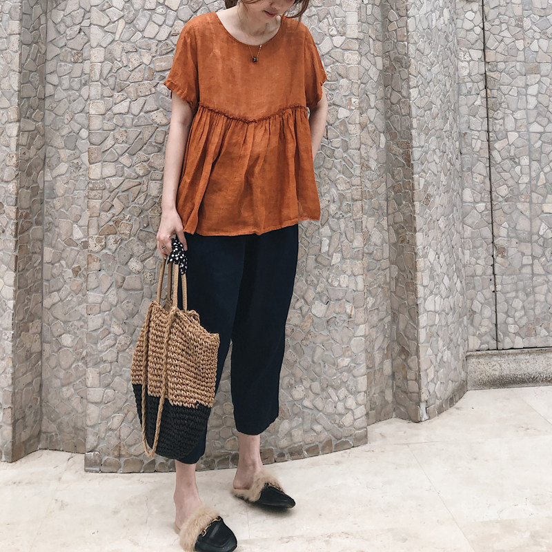 2025夏新女 日系韩版大码复古文艺棉麻亚麻中长款短袖衬衫娃娃衫,淘宝优惠券,粉丝福利购,淘宝优惠卷