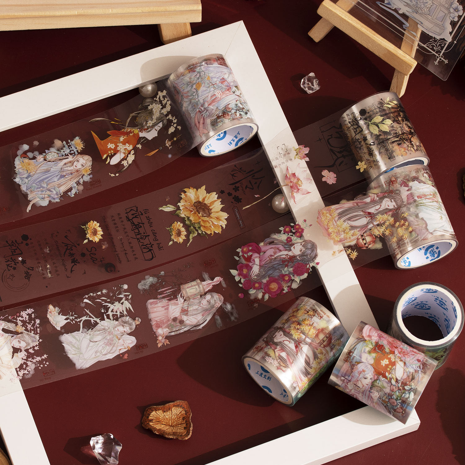 三渡古风和纸胶带套装透明仙女人物山茶茶造景蓝深闻异手帐胶卷贴