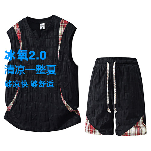 DJUESEN胖男生夏季男士大码背心短裤两件套休闲运动套装透气无袖t - 图3