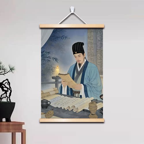 诸葛亮画像茅庐夜读客厅办公室装饰中式励志创意卷轴画挂画高清 - 图2