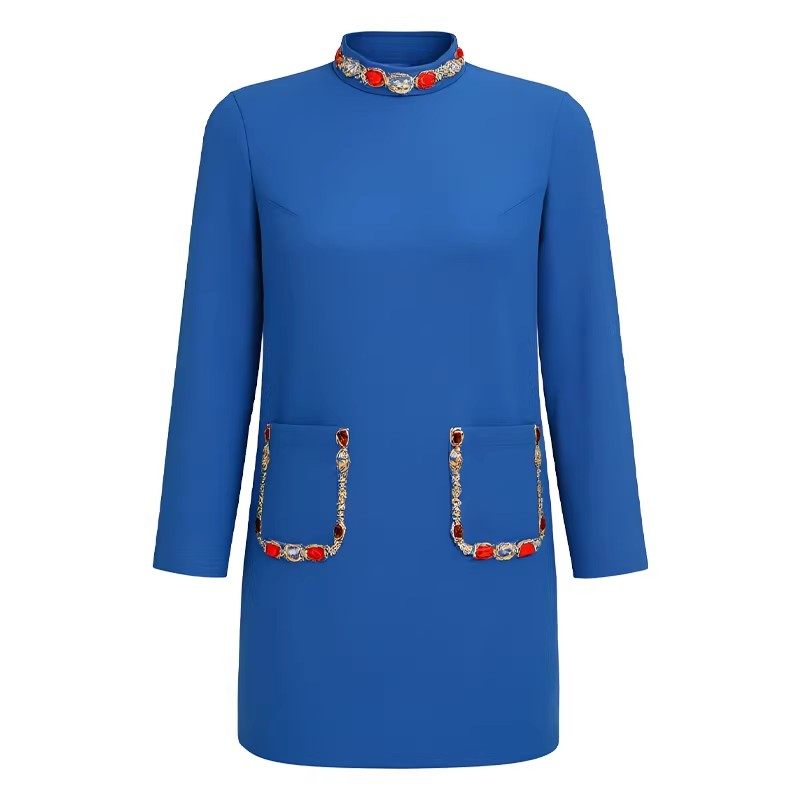 秋冬新款La Danum阿丹娜蓝色绵羊毛混纺立领钉珠连衣裙子长袖复古,淘宝优惠券,粉丝福利购,淘宝优惠卷