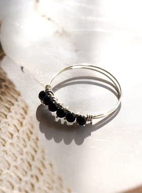 【促进幸福】手工绕线999足银戒指女黑玛瑙胖手大号小指学生尾戒