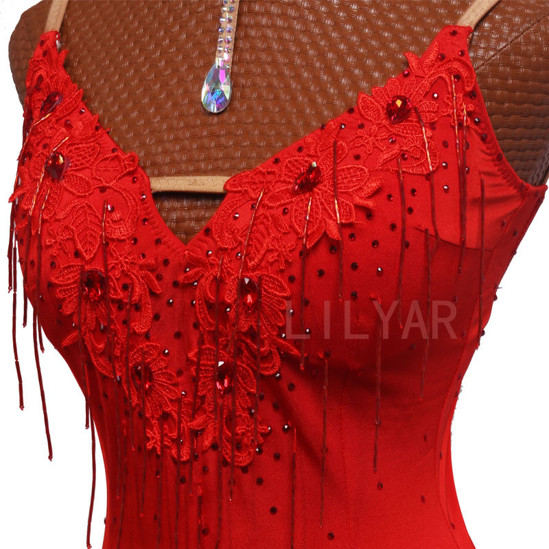 新款高档摩登舞比赛服演出服表演服大摆鱼骨卷边舞裙红色绣花水晶,淘宝优惠券,粉丝福利购,淘宝优惠卷