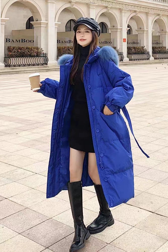 羽绒服女2023新款中长款东大门蓝气球宽松大版型大毛领连帽时尚