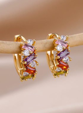 Rainbow Colored Zircon Earrings for Women Gold Plated