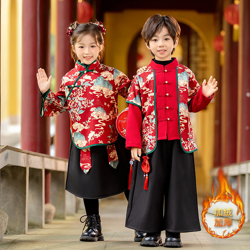 男童加绒汉服拜年服秋冬季儿童女童宝宝红色喜庆新年衣服唐装童装 - 图1