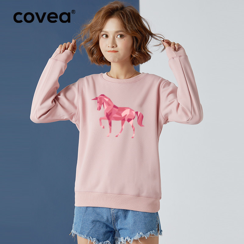 2021新款女士加绒圆领无帽印花卫衣 covea卫衣/绒衫