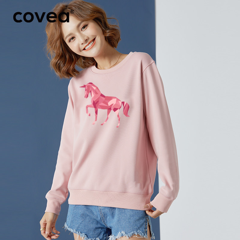 2021新款女士加绒圆领无帽印花卫衣 covea卫衣/绒衫