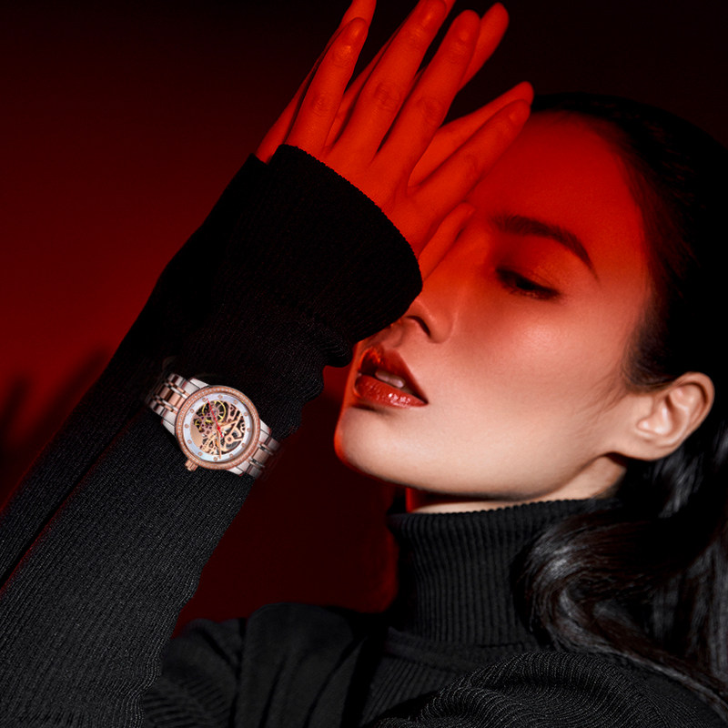 21新款正品海鸥手表女士简约镂空镶水钻钢带全自动机械表女表6120