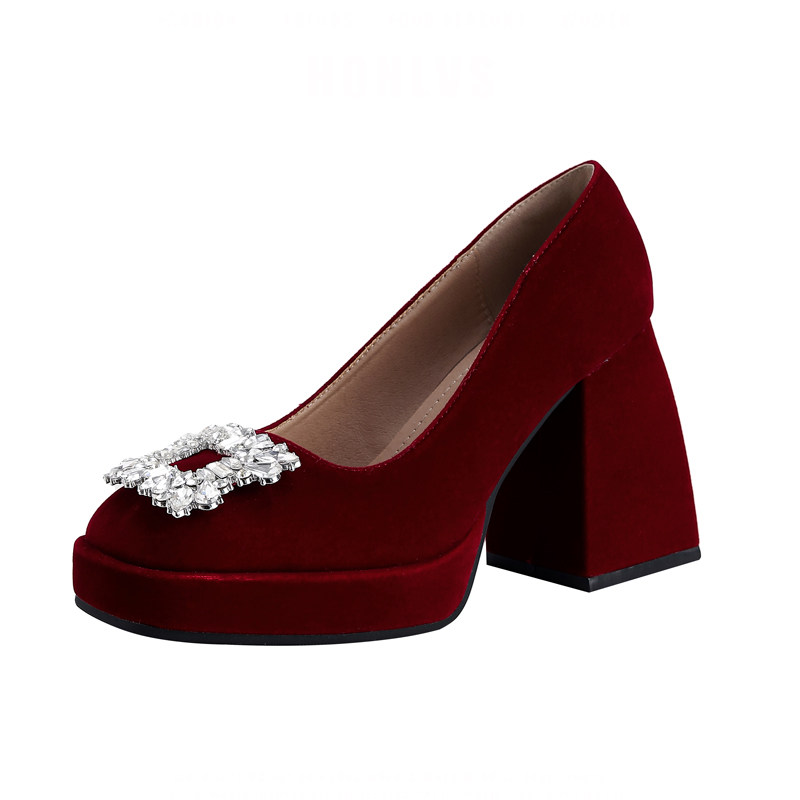 法式水钻方扣高跟鞋女粗跟方头红色婚鞋新娘鞋日常可穿防水台单鞋,淘宝优惠券,粉丝福利购,淘宝优惠卷