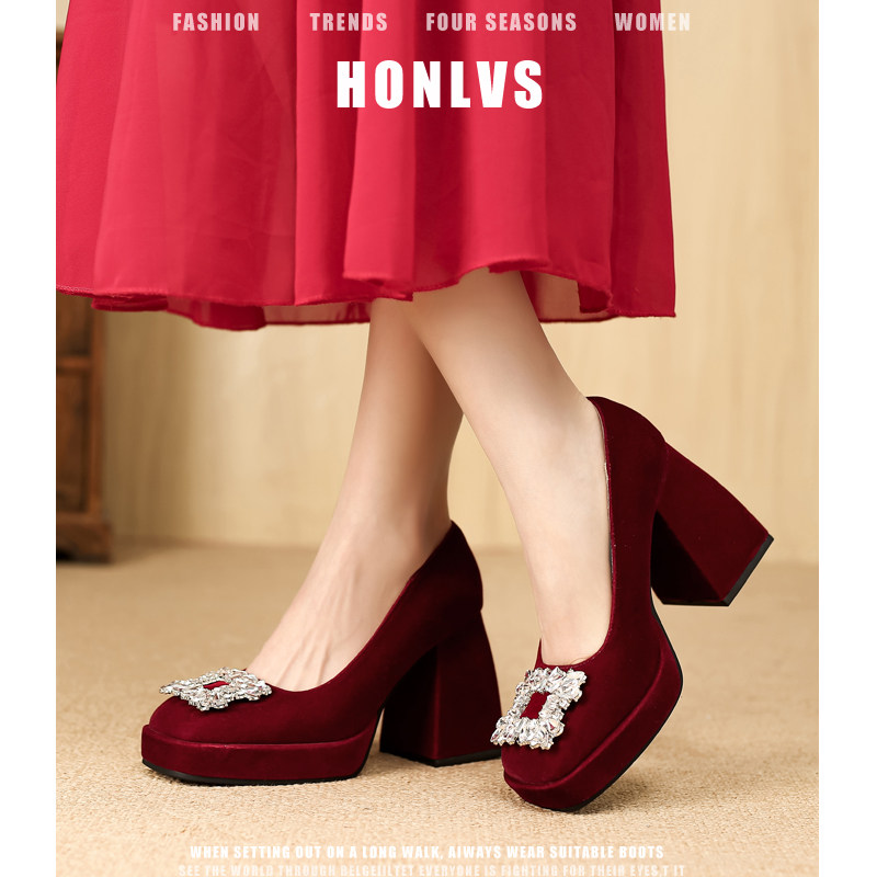 法式水钻方扣高跟鞋女粗跟方头红色婚鞋新娘鞋日常可穿防水台单鞋,淘宝优惠券,粉丝福利购,淘宝优惠卷