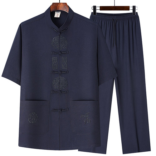 唐装男夏季爸爸短袖衬衣套装中国风父亲立领中式衣服老人爷爷衬衫 - 图2