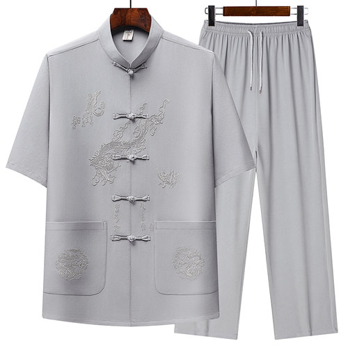 唐装男夏季爸爸短袖衬衣套装中国风父亲立领中式衣服老人爷爷衬衫 - 图3