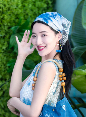 大理手工蓝染蕾丝边三角头巾