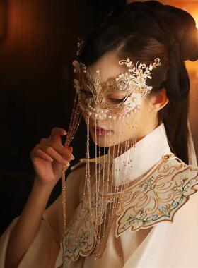 敦煌配饰复古风汉服面具装造型道具面帘女写真流苏仙气遮面金色配