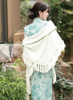 新款中式国风复古旗袍披肩外搭开衫针织斗篷订婚披风外套高档优雅