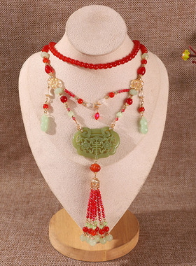 新中式国风旗袍长款流苏民族风串珠项链汉服古风仿玉佩毛衣链配饰