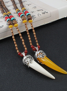 木佛珠项链仿狼狗牙唐装棉麻潮男